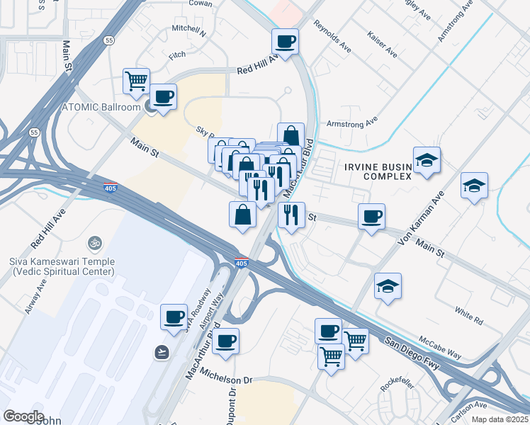 map of restaurants, bars, coffee shops, grocery stores, and more near 1830 Main Street in Irvine