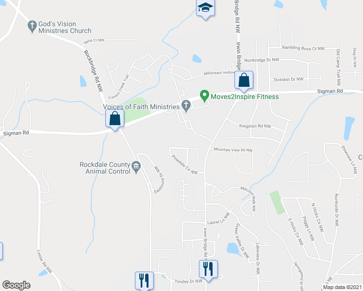 map of restaurants, bars, coffee shops, grocery stores, and more near 1232 Pinedale Circle Northwest in Conyers