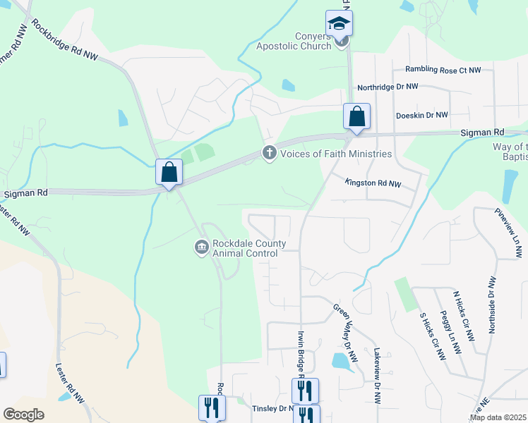 map of restaurants, bars, coffee shops, grocery stores, and more near 1230 Pinedale Circle Northwest in Conyers