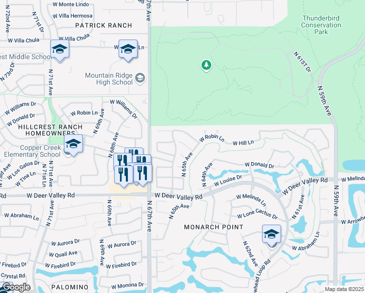 map of restaurants, bars, coffee shops, grocery stores, and more near 6535 West Via Montoya Drive in Glendale