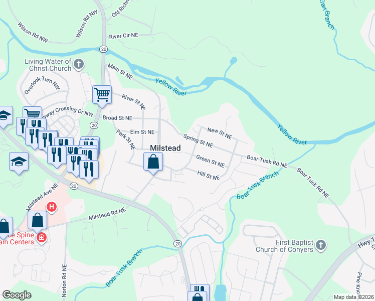map of restaurants, bars, coffee shops, grocery stores, and more near 1710 Green Street Northeast in Conyers