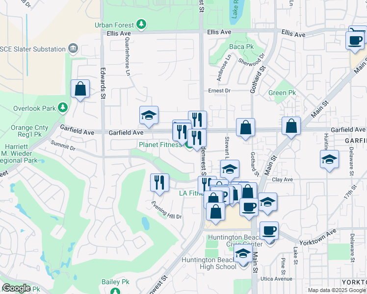 map of restaurants, bars, coffee shops, grocery stores, and more near 19081 Goldenwest Street in Huntington Beach