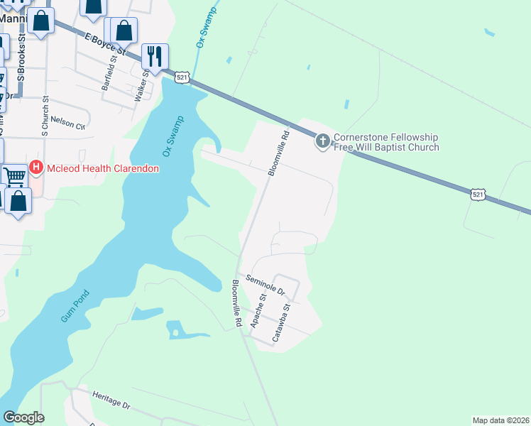 map of restaurants, bars, coffee shops, grocery stores, and more near 1317 Bloomville Road in Manning