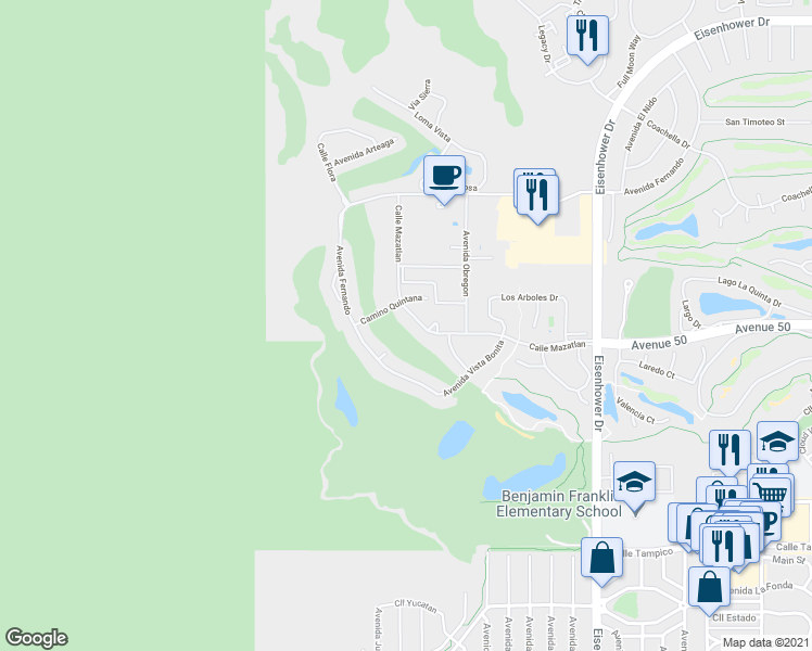 map of restaurants, bars, coffee shops, grocery stores, and more near 77253 Calle Mazatlan in La Quinta
