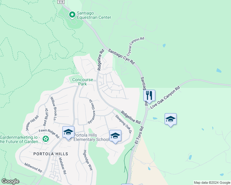 map of restaurants, bars, coffee shops, grocery stores, and more near 19012 Canyon Meadows Drive in Trabuco Canyon