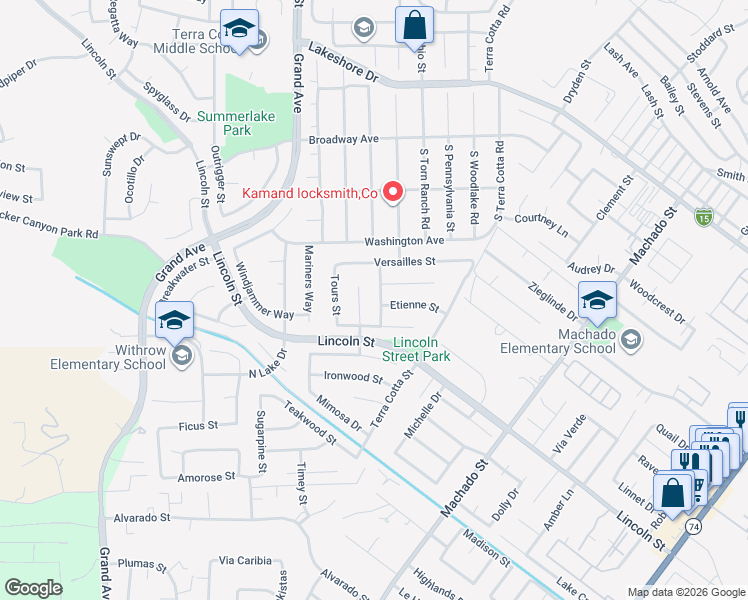 map of restaurants, bars, coffee shops, grocery stores, and more near 32009 Bourges Street in Lake Elsinore