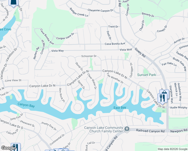 map of restaurants, bars, coffee shops, grocery stores, and more near 30051 Steel Head Drive in Canyon Lake