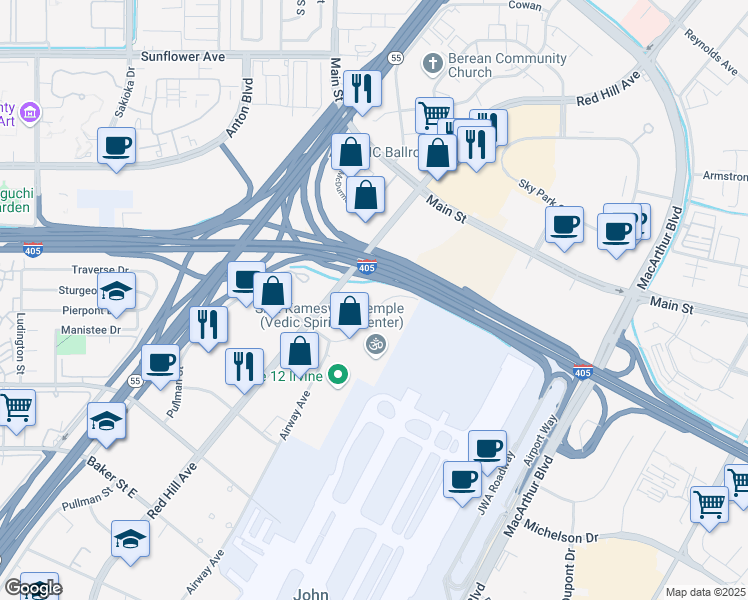 map of restaurants, bars, coffee shops, grocery stores, and more near 3199 Airport Loop Drive in Costa Mesa