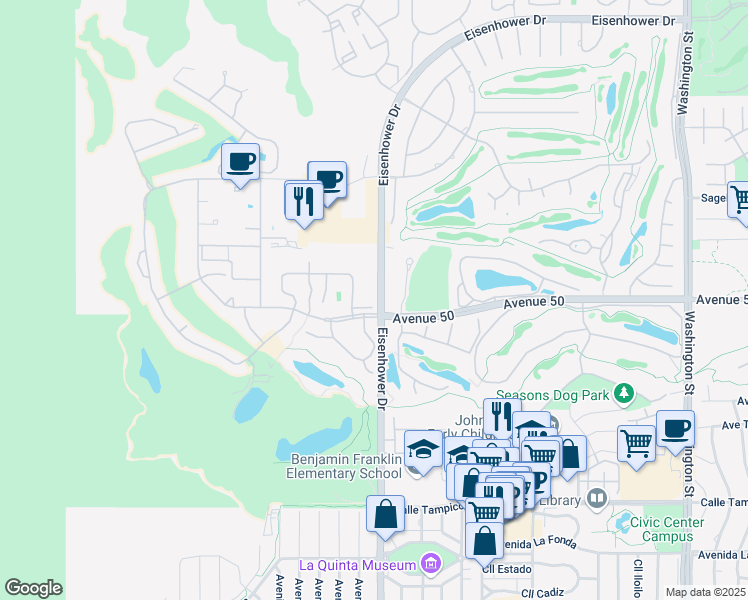 map of restaurants, bars, coffee shops, grocery stores, and more near 77720 Calle Orizaba in La Quinta