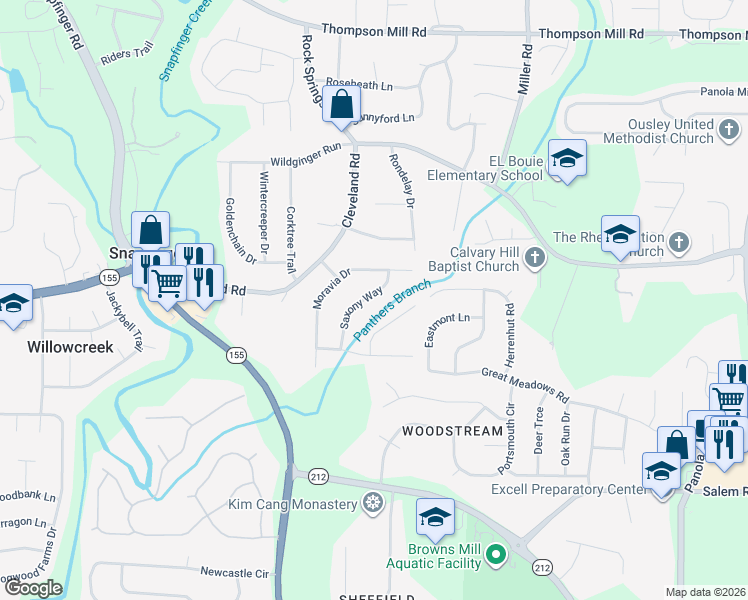 map of restaurants, bars, coffee shops, grocery stores, and more near 3325 Saxony Way in Stonecrest