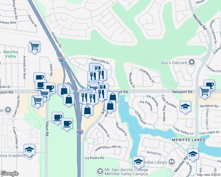 map of restaurants, bars, coffee shops, grocery stores, and more near 28259 Valombrosa Drive in Menifee