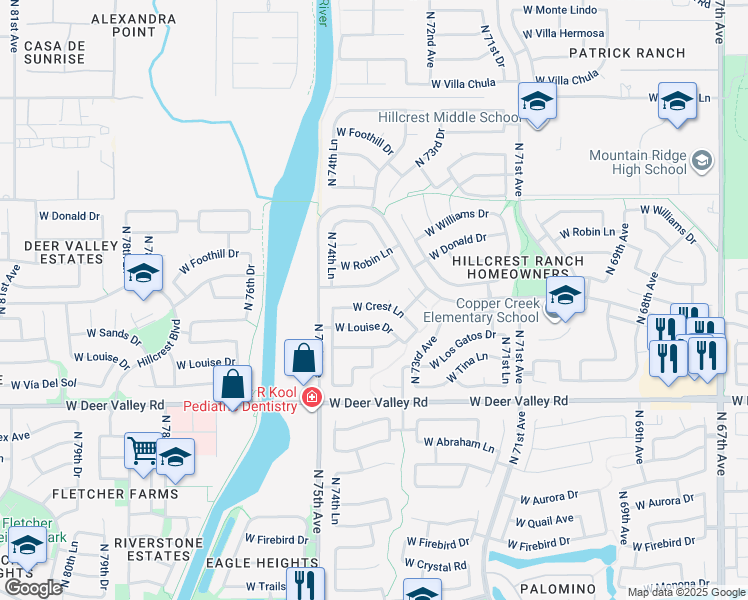 map of restaurants, bars, coffee shops, grocery stores, and more near 7436 West Crest Lane in Glendale