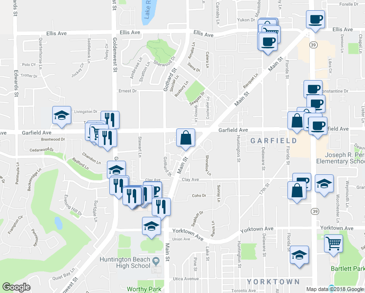 map of restaurants, bars, coffee shops, grocery stores, and more near 7322 Berry Court in Huntington Beach