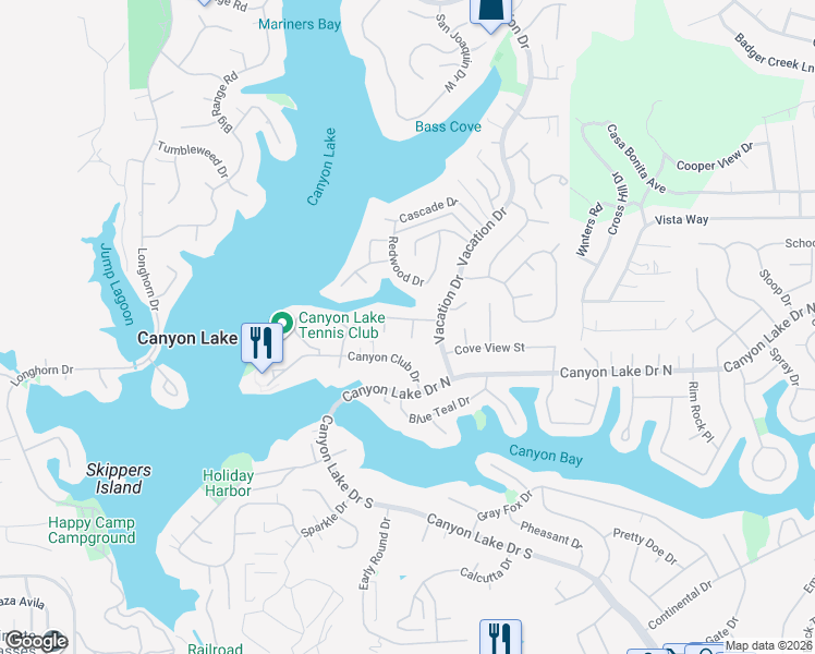 map of restaurants, bars, coffee shops, grocery stores, and more near 22683 Lighthouse Drive in Canyon Lake