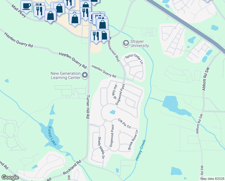 map of restaurants, bars, coffee shops, grocery stores, and more near 3857 Pin Oak Street in Stonecrest