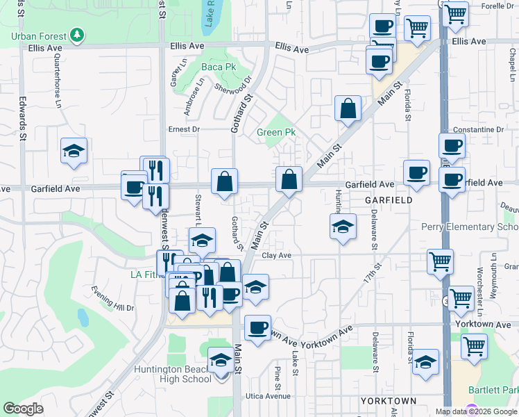 map of restaurants, bars, coffee shops, grocery stores, and more near 7322 Berry Court in Huntington Beach