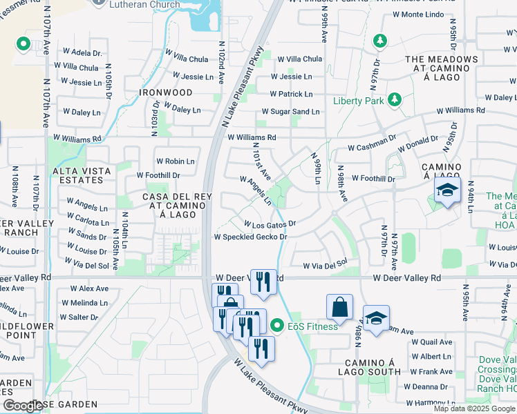 map of restaurants, bars, coffee shops, grocery stores, and more near 22185 North 101st Drive in Peoria