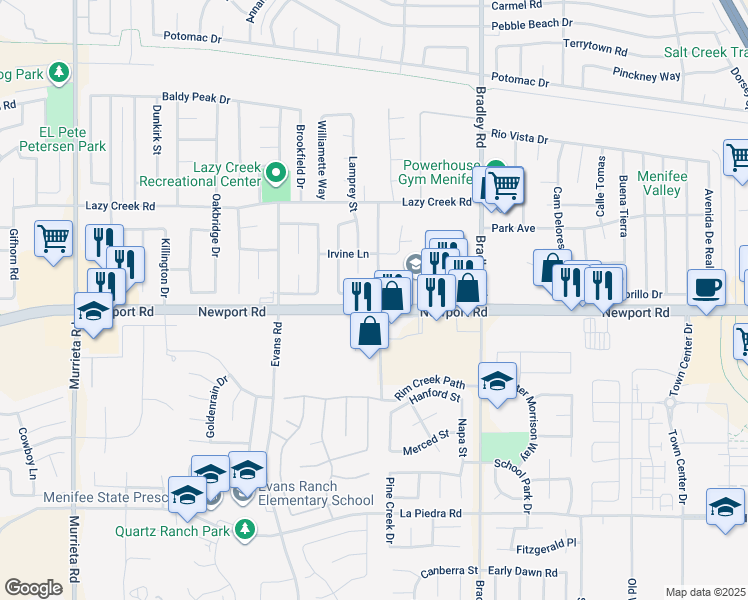 map of restaurants, bars, coffee shops, grocery stores, and more near 26749 Cactus Creek Way in Menifee