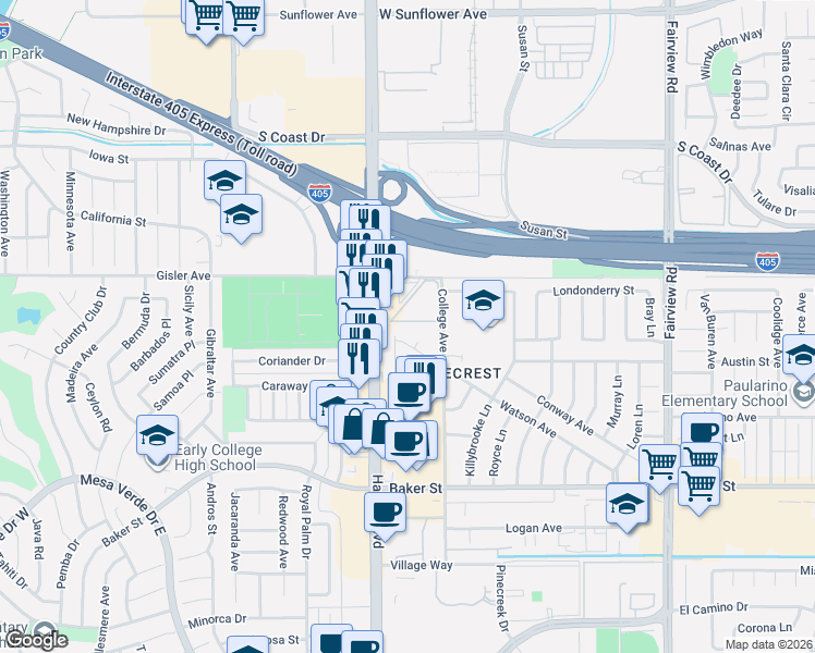 map of restaurants, bars, coffee shops, grocery stores, and more near 1445 Deauville Place in Costa Mesa