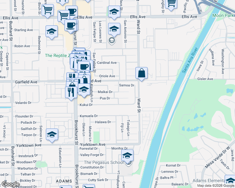map of restaurants, bars, coffee shops, grocery stores, and more near 10332 Maikai Drive in Huntington Beach