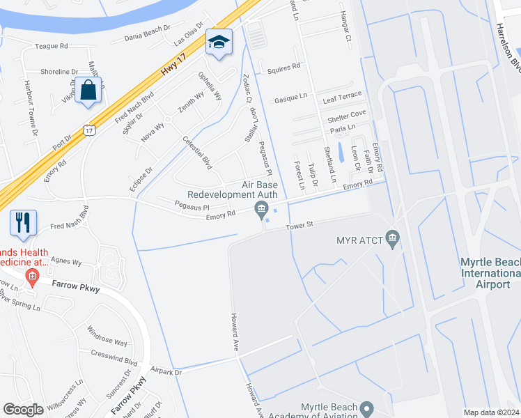 map of restaurants, bars, coffee shops, grocery stores, and more near 1089 Howard Parkway in Myrtle Beach