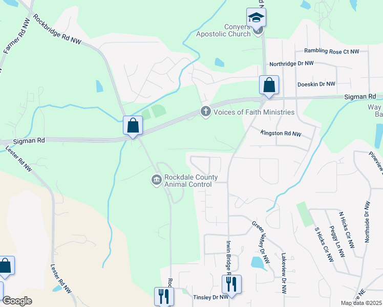 map of restaurants, bars, coffee shops, grocery stores, and more near 1218 Pinedale Circle Northwest in Conyers