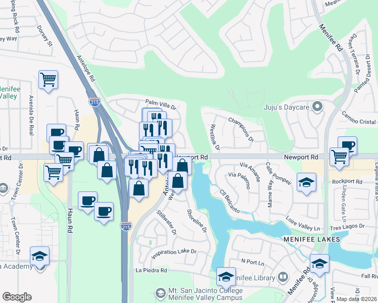 map of restaurants, bars, coffee shops, grocery stores, and more near 28313 Valombrosa Drive in Menifee