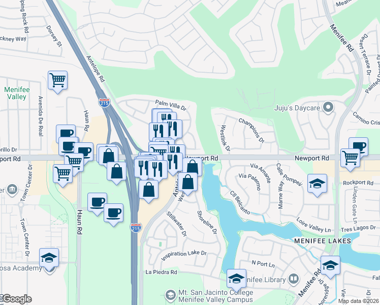 map of restaurants, bars, coffee shops, grocery stores, and more near 28265 Valombrosa Drive in Menifee