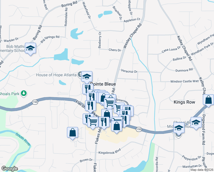 map of restaurants, bars, coffee shops, grocery stores, and more near 3879 Pointe Bleue Drive in Decatur