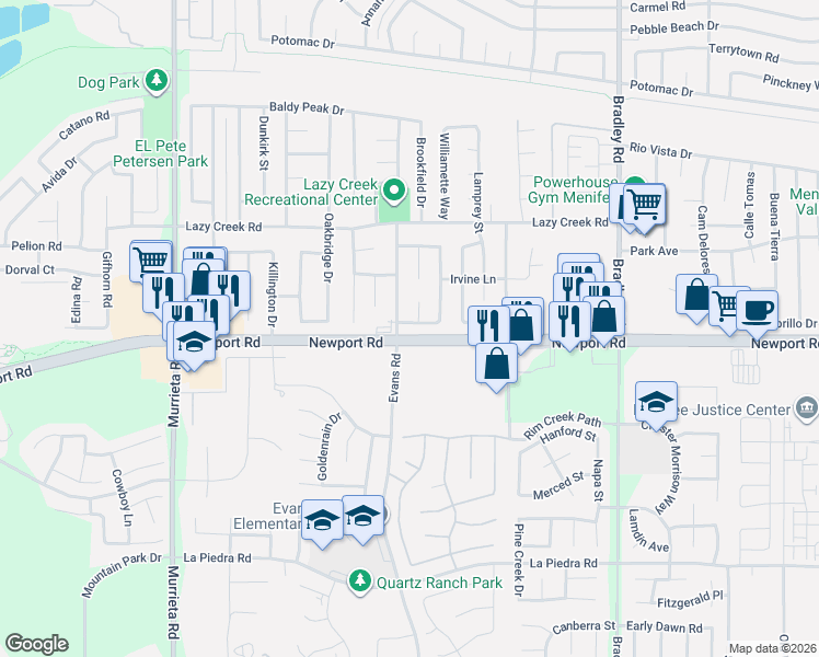 map of restaurants, bars, coffee shops, grocery stores, and more near 29960 Moondance Way in Menifee