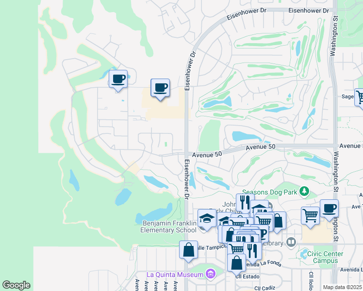 map of restaurants, bars, coffee shops, grocery stores, and more near 77720 Calle Orizaba in La Quinta