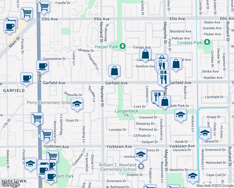 map of restaurants, bars, coffee shops, grocery stores, and more near 19082 Plumtree Lane in Huntington Beach