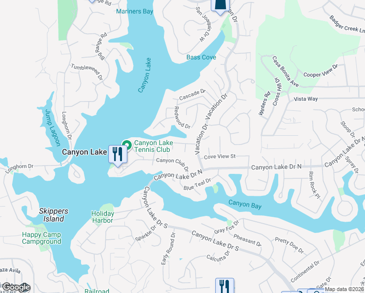 map of restaurants, bars, coffee shops, grocery stores, and more near 22683 Lighthouse Drive in Canyon Lake