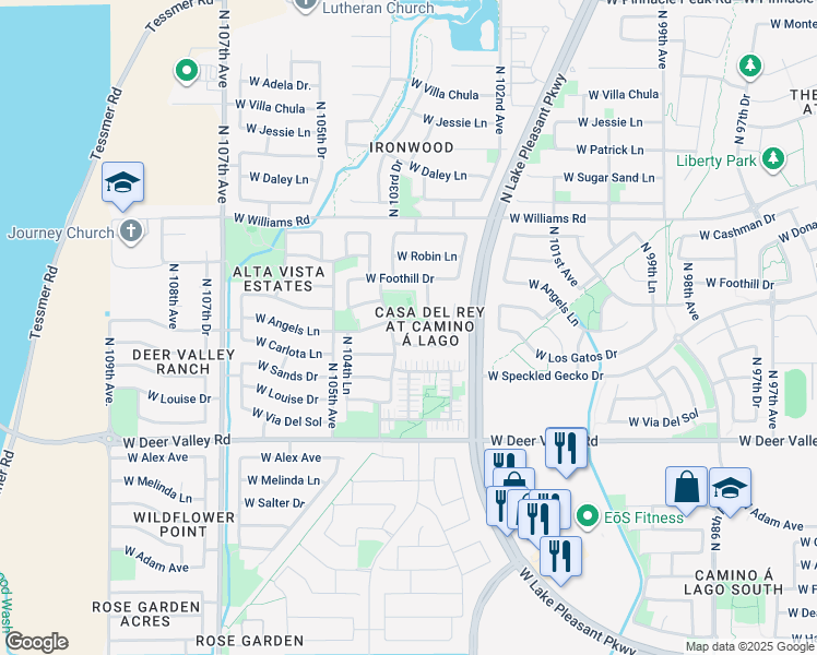 map of restaurants, bars, coffee shops, grocery stores, and more near 10351 West Carlota Lane in Peoria