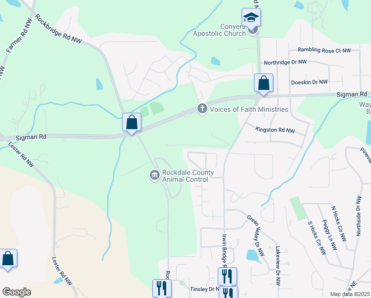map of restaurants, bars, coffee shops, grocery stores, and more near 1218 Pinedale Circle Northwest in Conyers