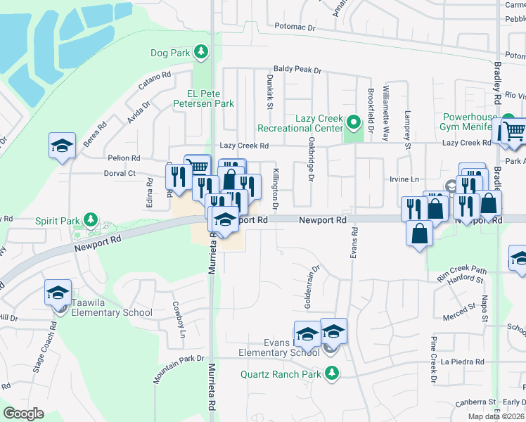 map of restaurants, bars, coffee shops, grocery stores, and more near 29982 Goldmine Circle in Menifee