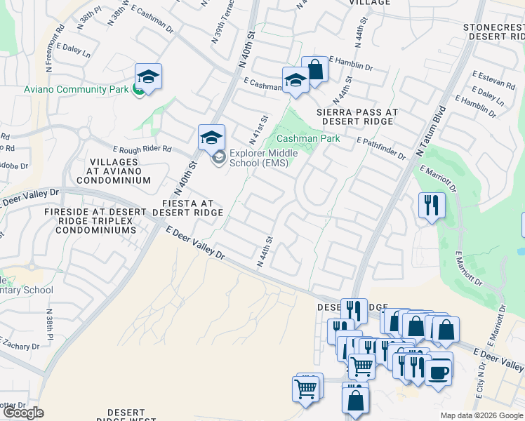 map of restaurants, bars, coffee shops, grocery stores, and more near 4332 East Melinda Lane in Phoenix