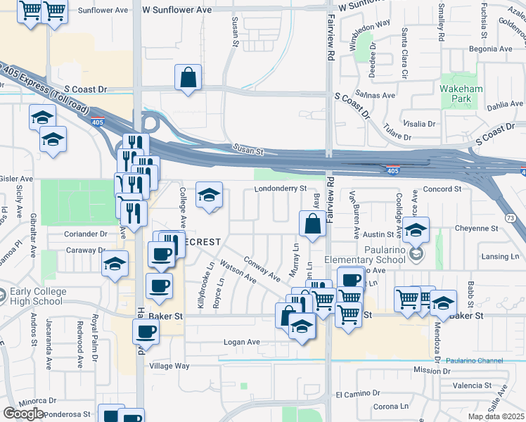 map of restaurants, bars, coffee shops, grocery stores, and more near 3134 Limerick Lane in Costa Mesa