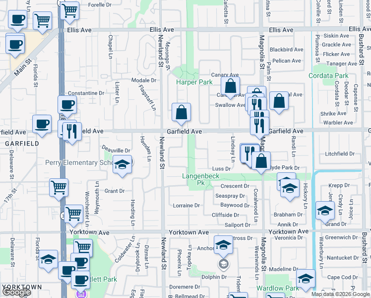 map of restaurants, bars, coffee shops, grocery stores, and more near 19082 Plumtree Lane in Huntington Beach
