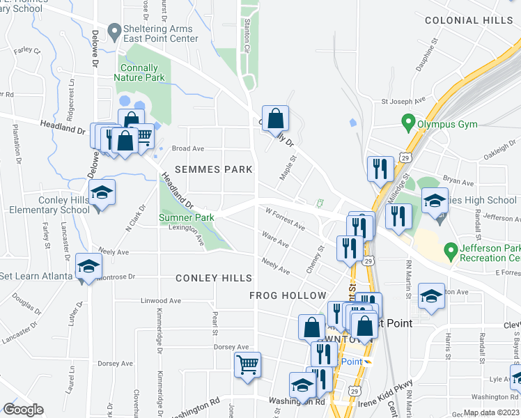 map of restaurants, bars, coffee shops, grocery stores, and more near 2556 Semmes Street in East Point