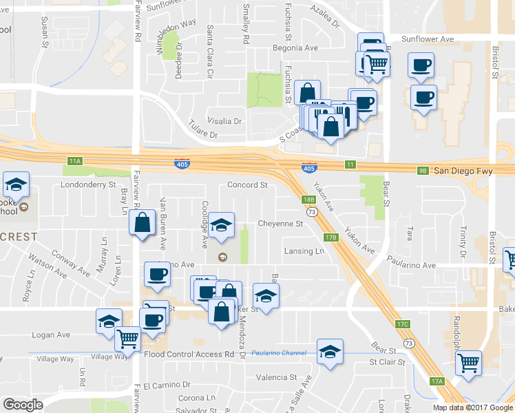 map of restaurants, bars, coffee shops, grocery stores, and more near 3117 Lincoln Way in Costa Mesa