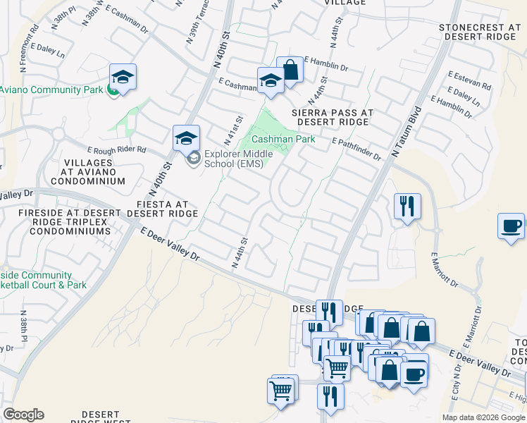 map of restaurants, bars, coffee shops, grocery stores, and more near 21844 North 44th Place in Phoenix