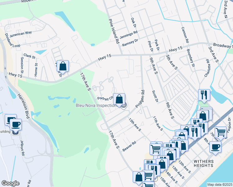 map of restaurants, bars, coffee shops, grocery stores, and more near 960 Palisade Circle in Myrtle Beach