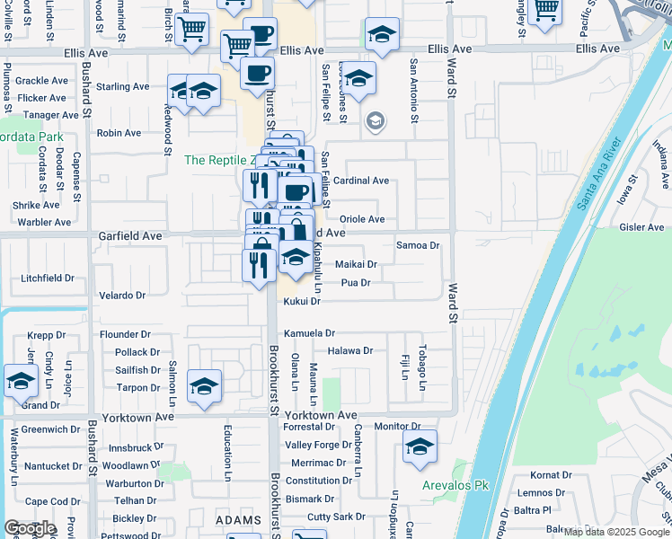 map of restaurants, bars, coffee shops, grocery stores, and more near 10172 Maikai Drive in Huntington Beach