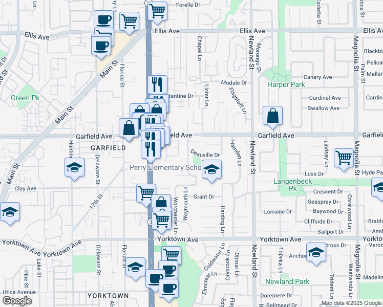 map of restaurants, bars, coffee shops, grocery stores, and more near 19082 Colchester Lane in Huntington Beach