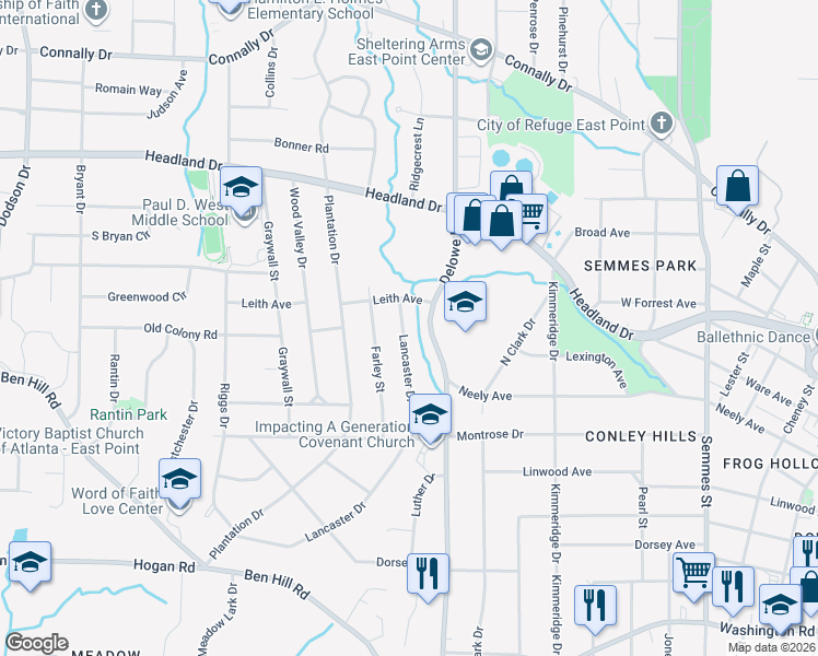 map of restaurants, bars, coffee shops, grocery stores, and more near 2564 Lancaster Drive in East Point