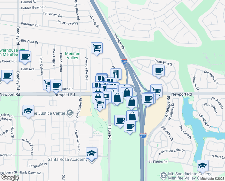 map of restaurants, bars, coffee shops, grocery stores, and more near 29966 Haun Road in Menifee