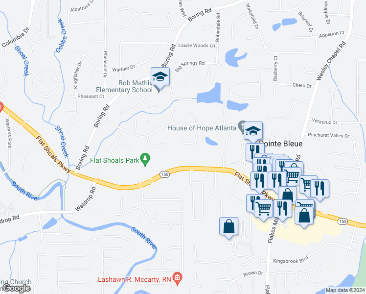 map of restaurants, bars, coffee shops, grocery stores, and more near 3358 Creekway Drive in Decatur