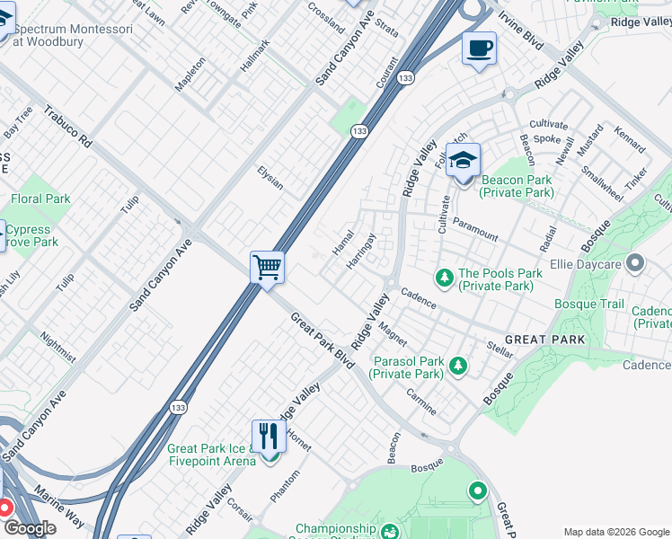 map of restaurants, bars, coffee shops, grocery stores, and more near 1158 Hamal in Irvine