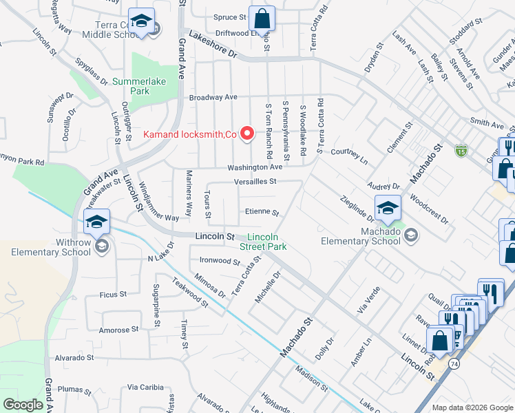 map of restaurants, bars, coffee shops, grocery stores, and more near 15158 Etienne Street in Lake Elsinore